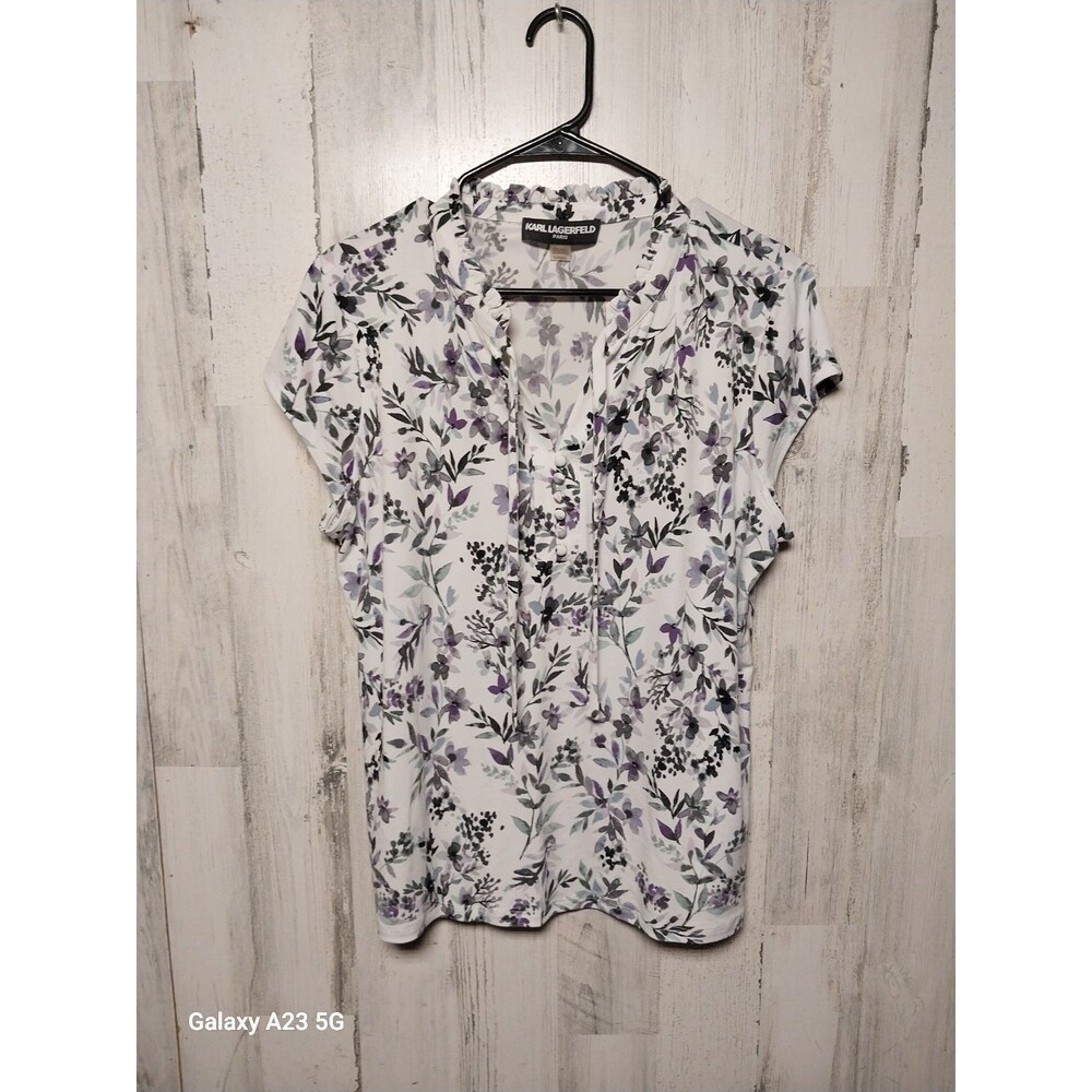 Karl Lagerfeld Paris Blouse XL White Purple Gray Floral Ruffle Bow Tie Neck